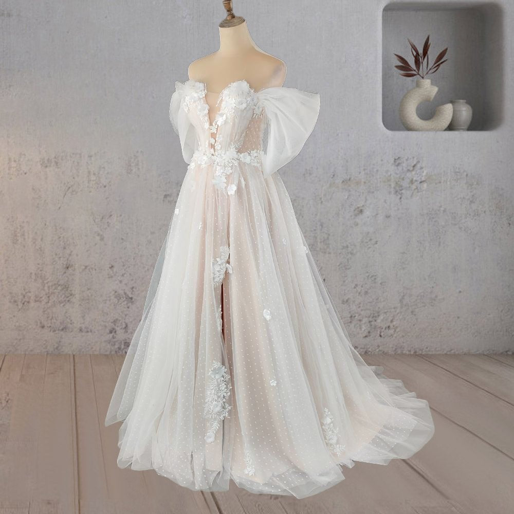A-Line Floral Appliques Polka Dots Wedding Dress with Slit