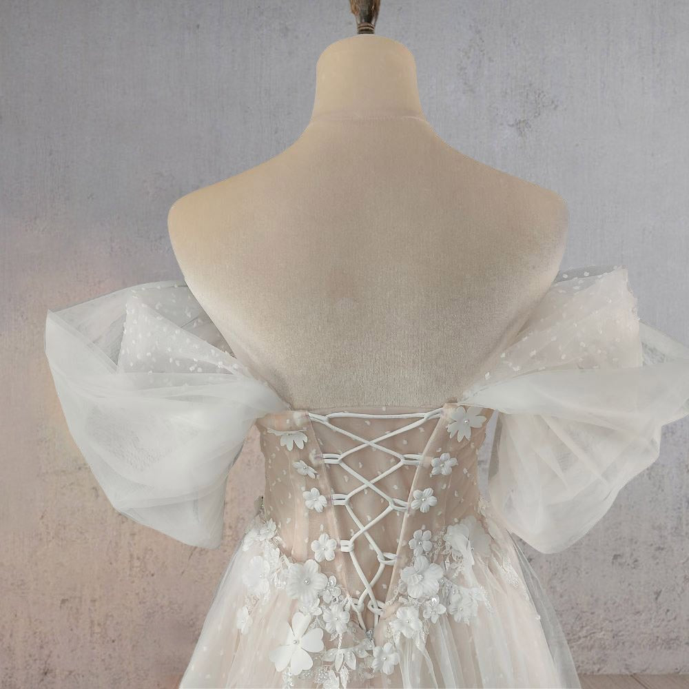 A-Line Floral Appliques Polka Dots Wedding Dress with Slit