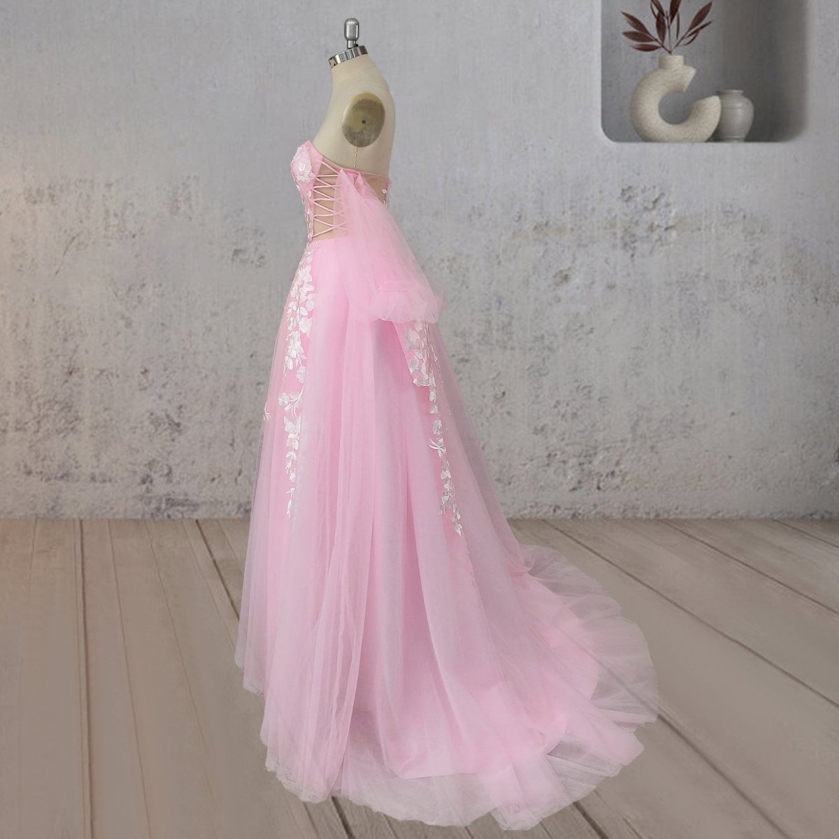 A-Line Floral Appliques Polka Dots Wedding Dress with Slit