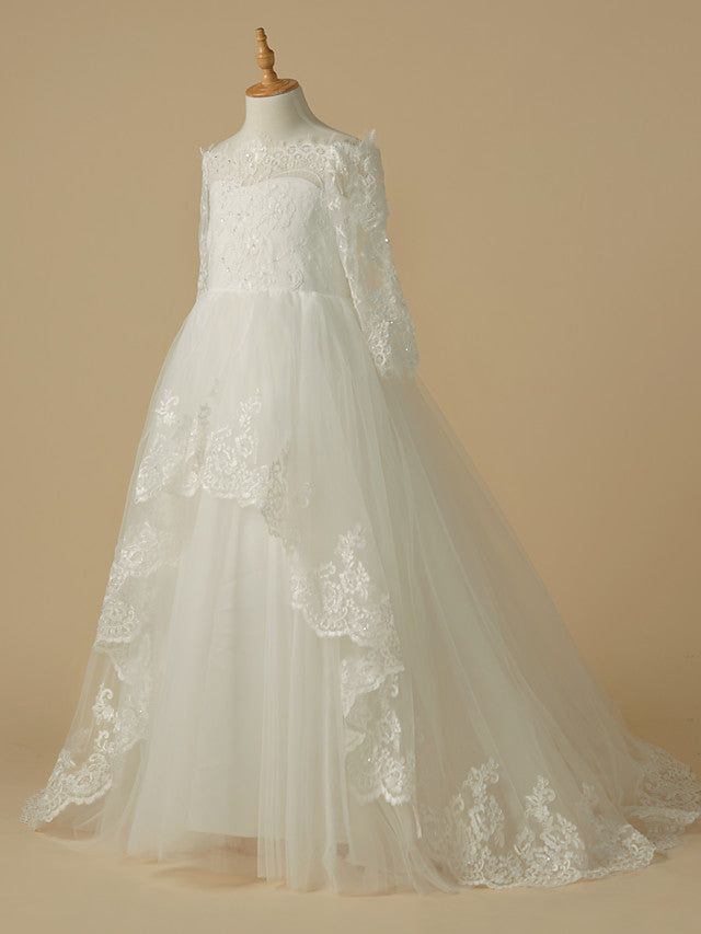 A-Line Half Sleeve Bateau Neck Flower Girl Dress with Beaded Lace Tulle Appliques