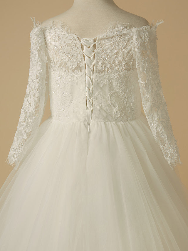 A-Line Half Sleeve Bateau Neck Flower Girl Dress with Beaded Lace Tulle Appliques