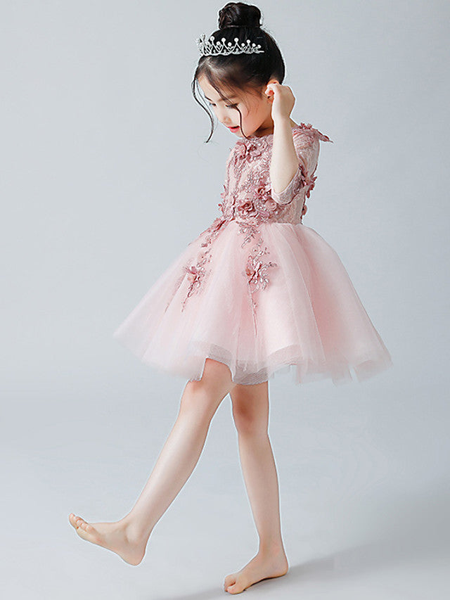 A-Line Half Sleeve Jewel Neck Flower Girl Dress with Tulle Appliques