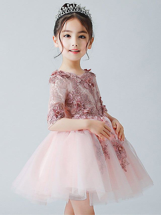 A-Line Half Sleeve Jewel Neck Flower Girl Dress with Tulle Appliques