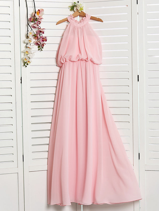 A-Line High Neck Floor Length Chiffon Junior Flower Girl Dress with Ruffles Ruching