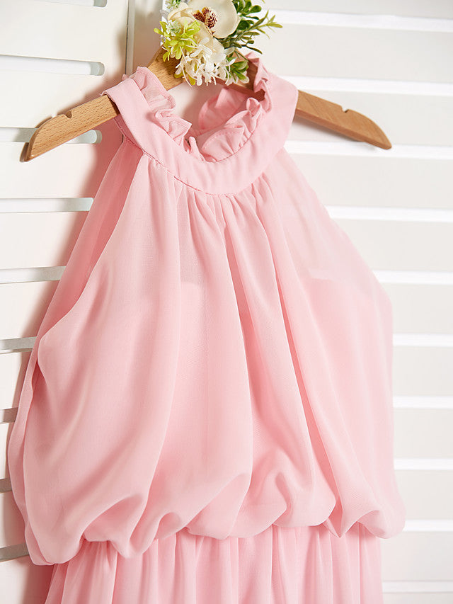 A-Line High Neck Floor Length Chiffon Junior Flower Girl Dress with Ruffles Ruching