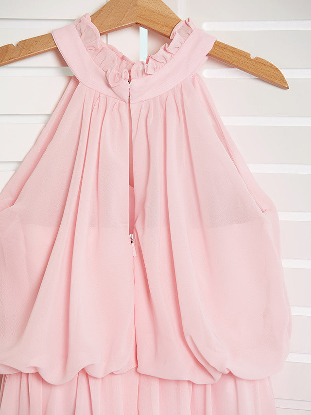 A-Line High Neck Floor Length Chiffon Junior Flower Girl Dress with Ruffles Ruching