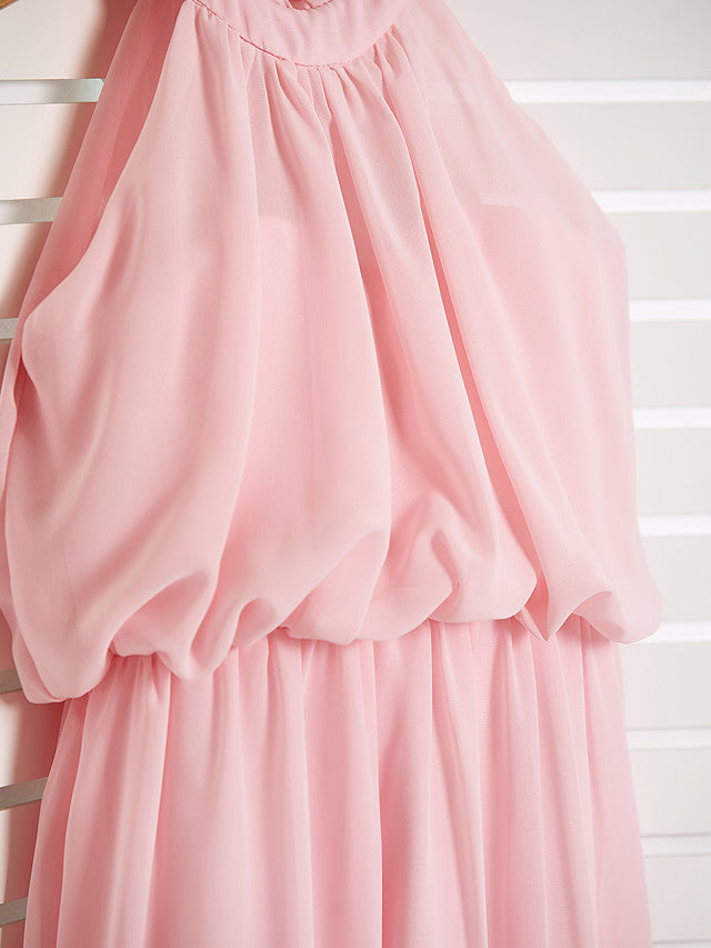 A-Line High Neck Floor Length Chiffon Junior Flower Girl Dress with Ruffles Ruching