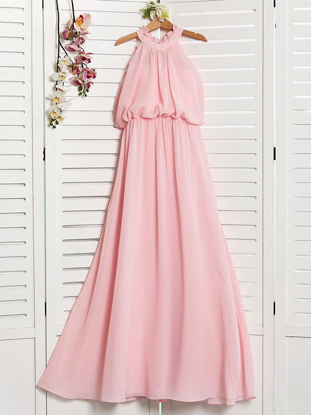 A-Line High Neck Floor Length Chiffon Junior Flower Girl Dress with Ruffles Ruching