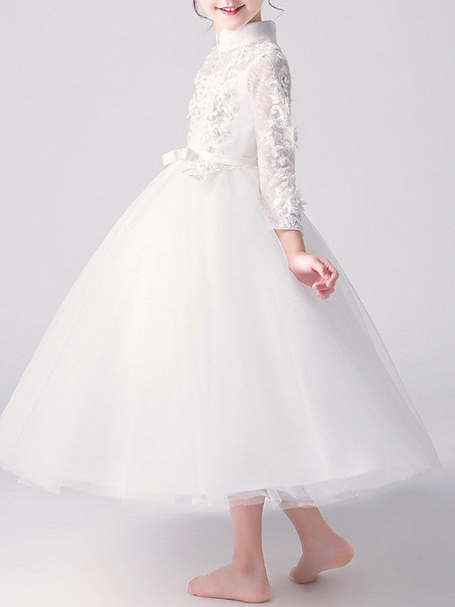 A-Line High Neck Flower Girl Dress Tulle with Bow Beading Appliques