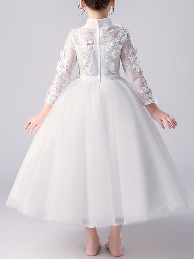 A-Line High Neck Flower Girl Dress Tulle with Bow Beading Appliques
