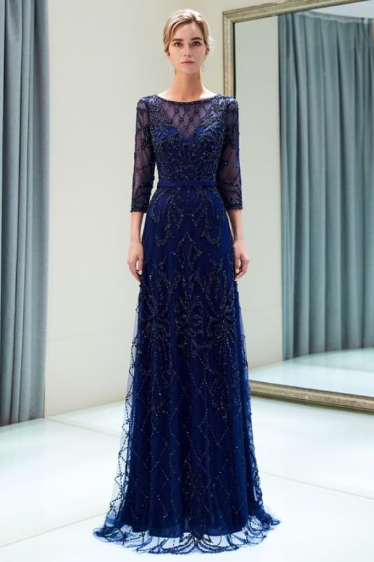 A-line Illusion Neckline Long Beading Evening Gowns with Sleeves