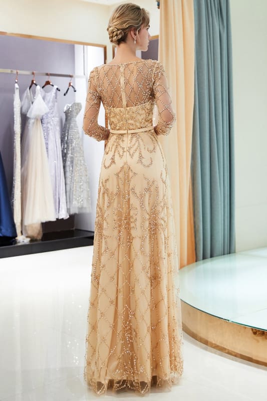 A-line Illusion Neckline Long Beading Evening Gowns with Sleeves