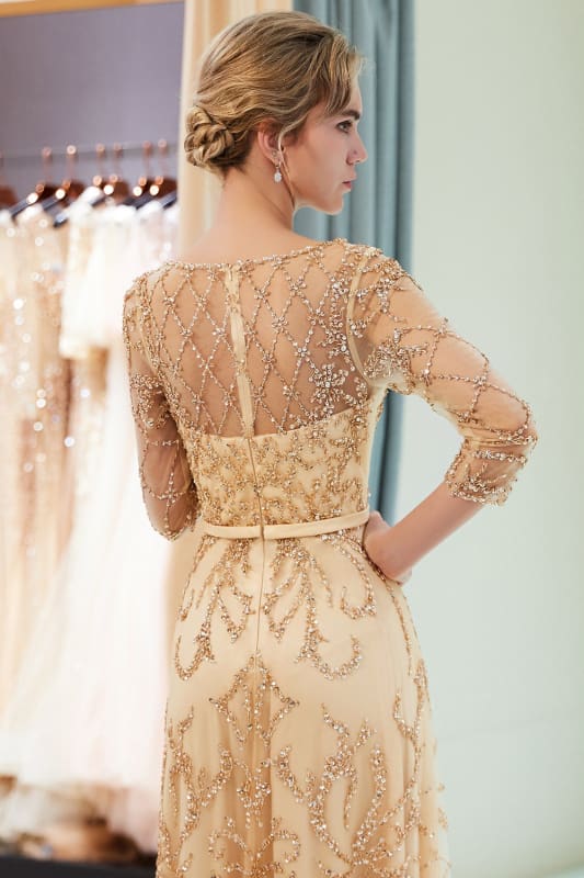 A-line Illusion Neckline Long Beading Evening Gowns with Sleeves