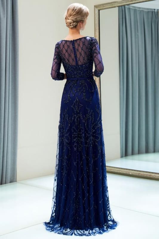 A-line Illusion Neckline Long Beading Evening Gowns with Sleeves