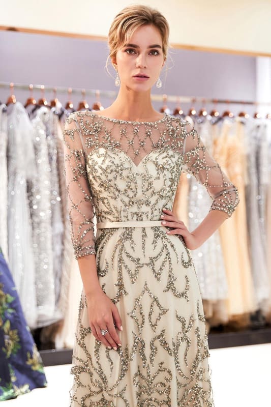 A-line Illusion Neckline Long Beading Evening Gowns with Sleeves