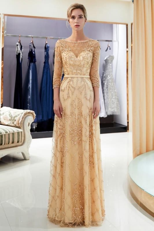 A-line Illusion Neckline Long Beading Evening Gowns with Sleeves