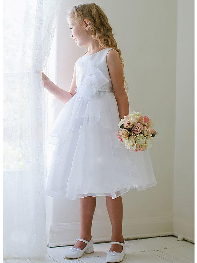 A-Line Knee Length Sleeveless Jewel Neck Flower Girl Dress Satin Tulle With Appliques Ruching