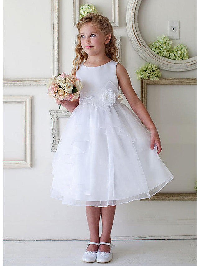A-Line Knee Length Sleeveless Jewel Neck Flower Girl Dress Satin Tulle With Appliques Ruching