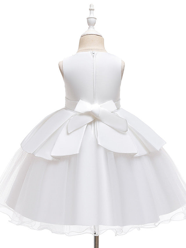 A-Line Knee Length Wedding / Party Dress - Tulle / Matte Satin / Poly&Cotton Blend Jewel Neck with Lace / Bow(S) / Beading