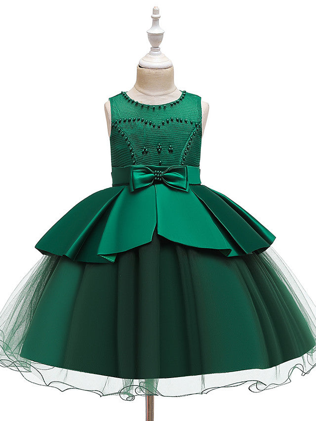 A-Line Knee Length Wedding / Party Dress - Tulle / Matte Satin / Poly&Cotton Blend Jewel Neck with Lace / Bow(S) / Beading