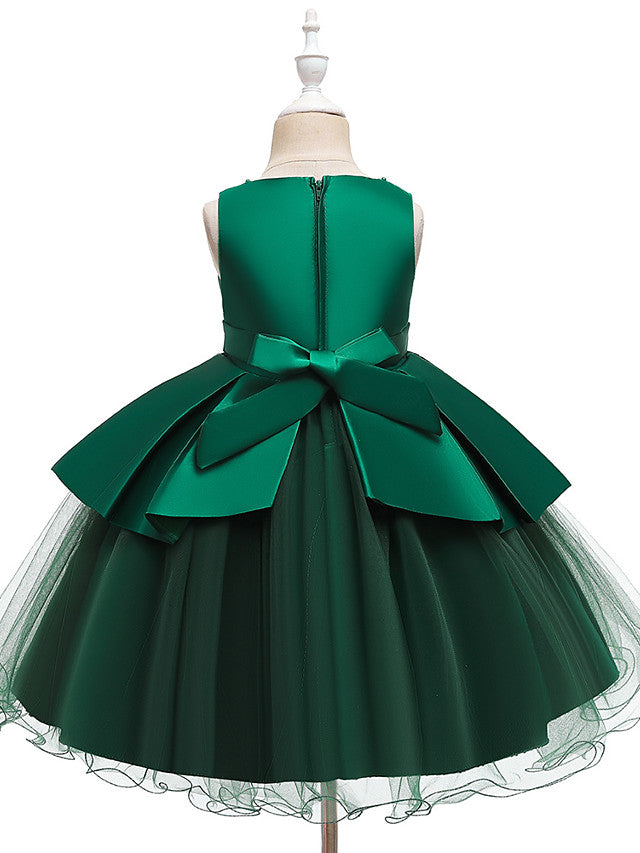 A-Line Knee Length Wedding / Party Dress - Tulle / Matte Satin / Poly&Cotton Blend Jewel Neck with Lace / Bow(S) / Beading