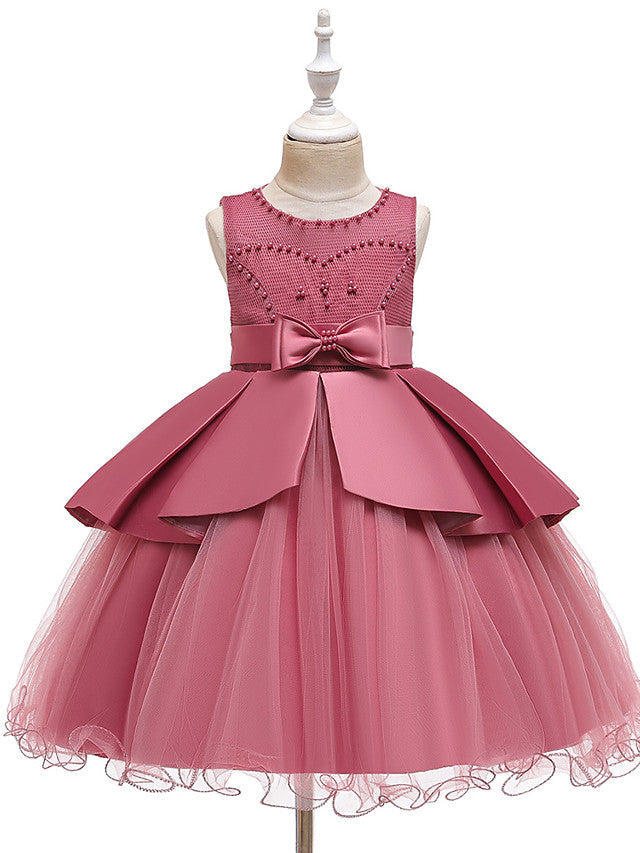 A-Line Knee Length Wedding / Party Dress - Tulle / Matte Satin / Poly&Cotton Blend Jewel Neck with Lace / Bow(S) / Beading