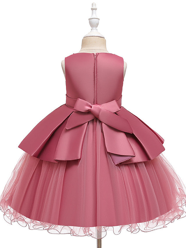 A-Line Knee Length Wedding / Party Dress - Tulle / Matte Satin / Poly&Cotton Blend Jewel Neck with Lace / Bow(S) / Beading