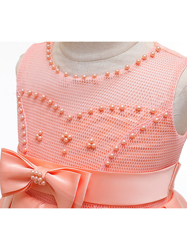 A-Line Knee Length Wedding / Party Dress - Tulle / Matte Satin / Poly&Cotton Blend Jewel Neck with Lace / Bow(S) / Beading