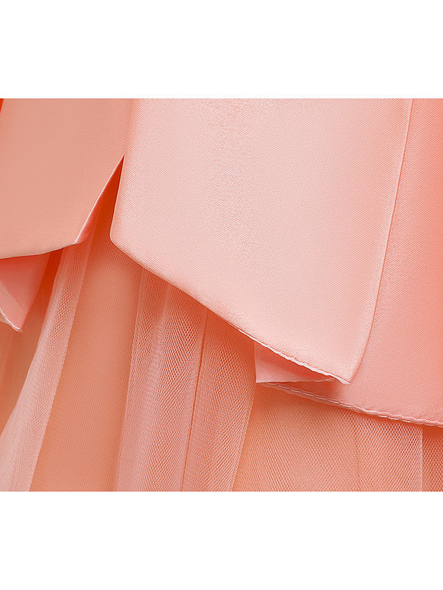 A-Line Knee Length Wedding / Party Dress - Tulle / Matte Satin / Poly&Cotton Blend Jewel Neck with Lace / Bow(S) / Beading