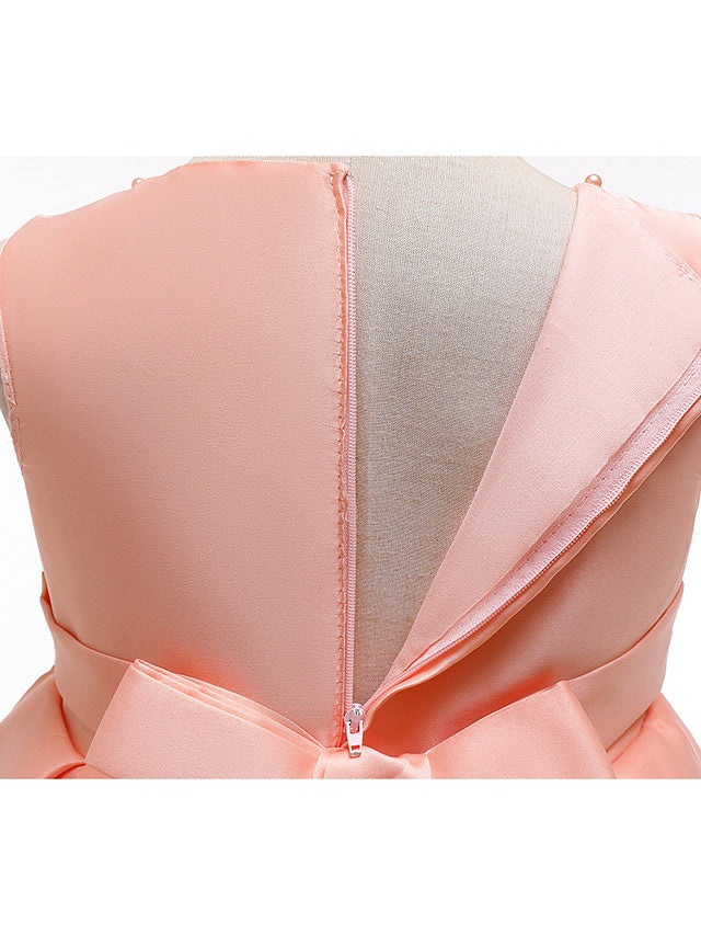 A-Line Knee Length Wedding / Party Dress - Tulle / Matte Satin / Poly&Cotton Blend Jewel Neck with Lace / Bow(S) / Beading