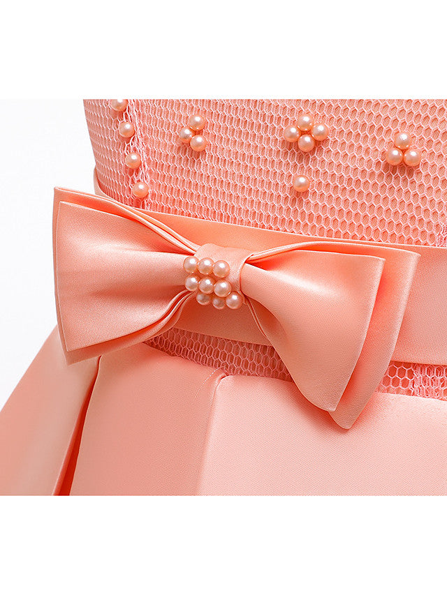 A-Line Knee Length Wedding / Party Dress - Tulle / Matte Satin / Poly&Cotton Blend Jewel Neck with Lace / Bow(S) / Beading