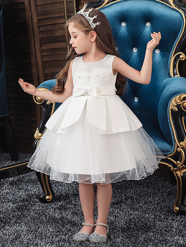A-Line Knee Length Wedding / Party Dress - Tulle / Matte Satin / Poly&Cotton Blend Jewel Neck with Lace / Bow(S) / Beading
