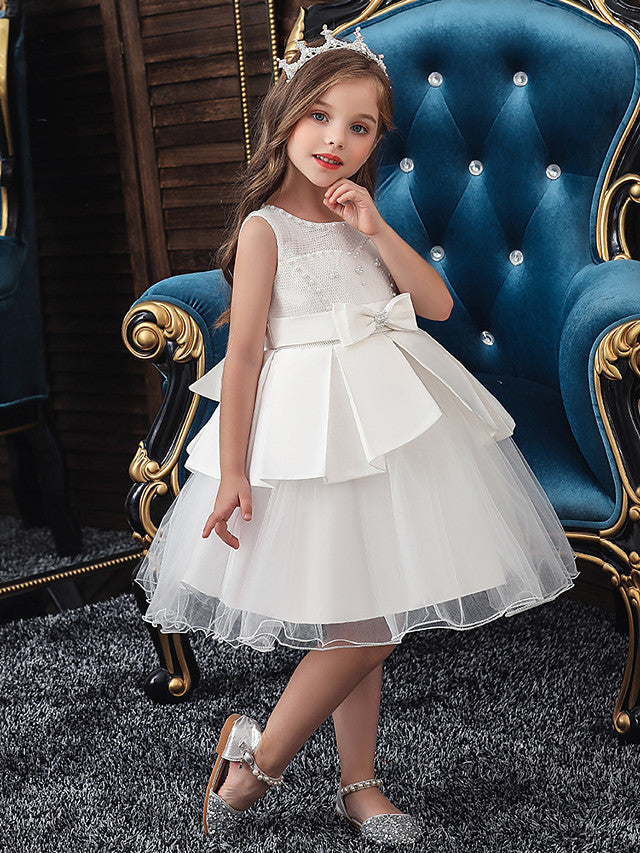 A-Line Knee Length Wedding / Party Dress - Tulle / Matte Satin / Poly&Cotton Blend Jewel Neck with Lace / Bow(S) / Beading