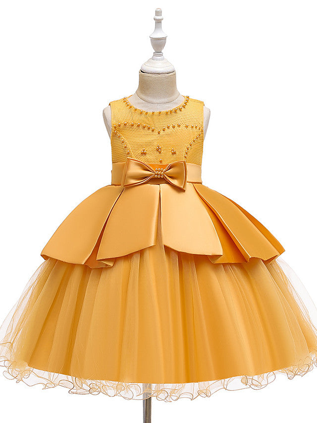 A-Line Knee Length Wedding / Party Dress - Tulle / Matte Satin / Poly&Cotton Blend Jewel Neck with Lace / Bow(S) / Beading