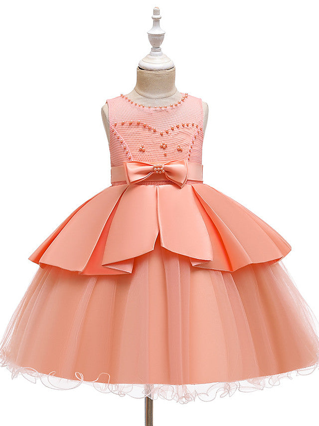 A-Line Knee Length Wedding / Party Dress - Tulle / Matte Satin / Poly&Cotton Blend Jewel Neck with Lace / Bow(S) / Beading