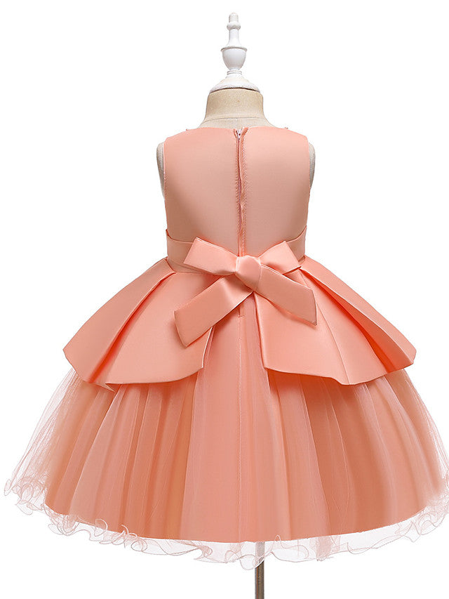 A-Line Knee Length Wedding / Party Dress - Tulle / Matte Satin / Poly&Cotton Blend Jewel Neck with Lace / Bow(S) / Beading