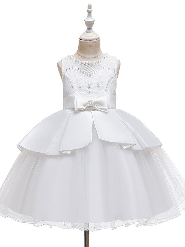 A-Line Knee Length Wedding / Party Dress - Tulle / Matte Satin / Poly&Cotton Blend Jewel Neck with Lace / Bow(S) / Beading