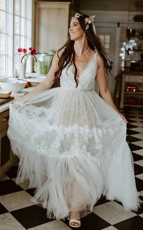 A-Line Lace Bohemian V-neck Wedding Dress With Low-V Back And Appliques Beautiful