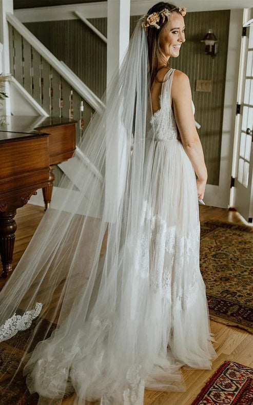 A-Line Lace Bohemian V-neck Wedding Dress With Low-V Back And Appliques Beautiful