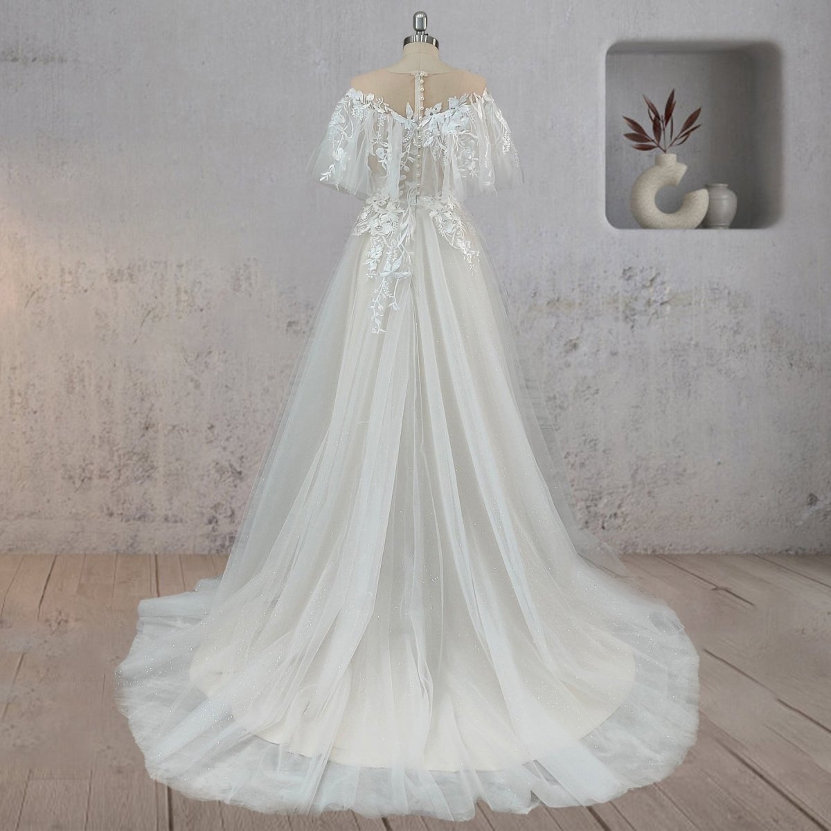 A-Line Lace Button Covered Back Tulle Wedding Dress