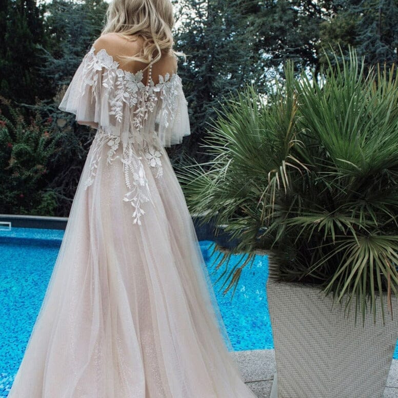 A-Line Lace Button Covered Back Tulle Wedding Dress