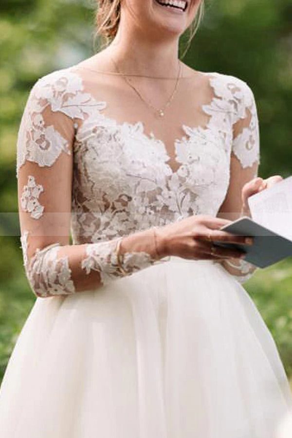A-Line Lace Long Sleeve Sheer Floor Length Wedding Dress with Tulle