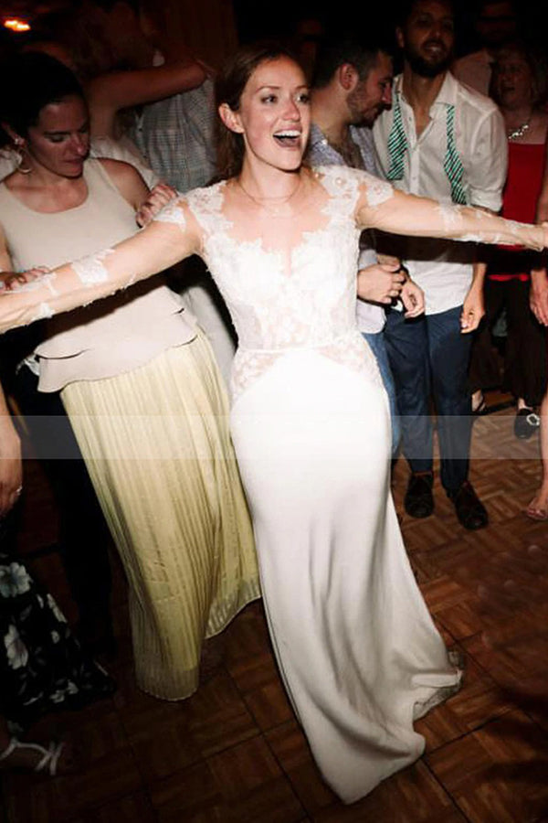 A-Line Lace Long Sleeve Sheer Floor Length Wedding Dress with Tulle