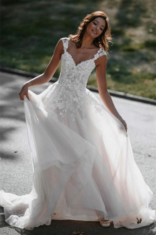 A-Line Lace Tulle Cap Sleeve Wedding Dress