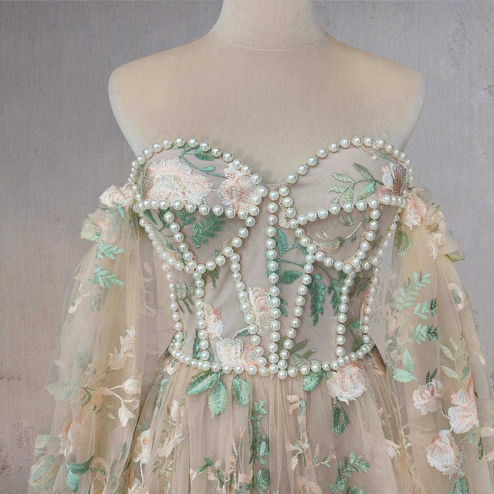 A-Line Light Green Sweetheart Pearl Wedding Dress