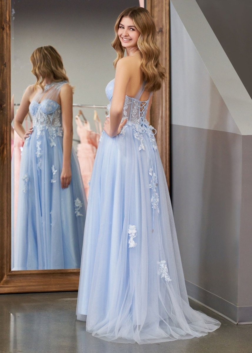 A Line One Shoulder Black Long Prom Dress with Appliques