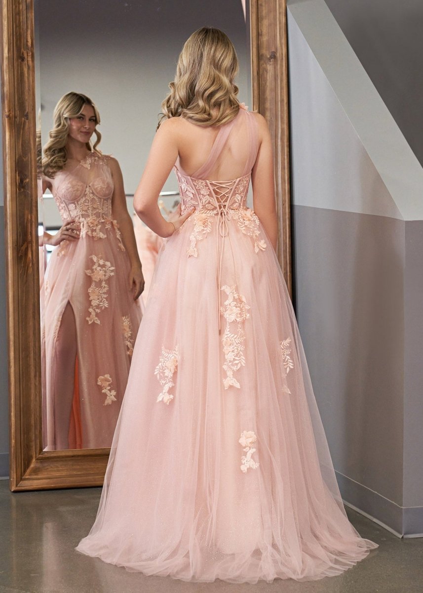 A Line One Shoulder Black Long Prom Dress with Appliques