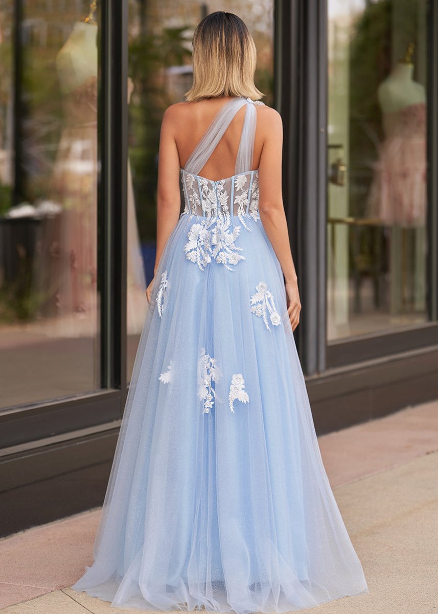 A Line One Shoulder Black Long Prom Dress with Appliques