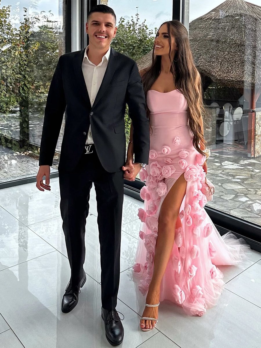 A line Sexy Sweetheart Sleeveless Pink Slit Flowers Prom Dress