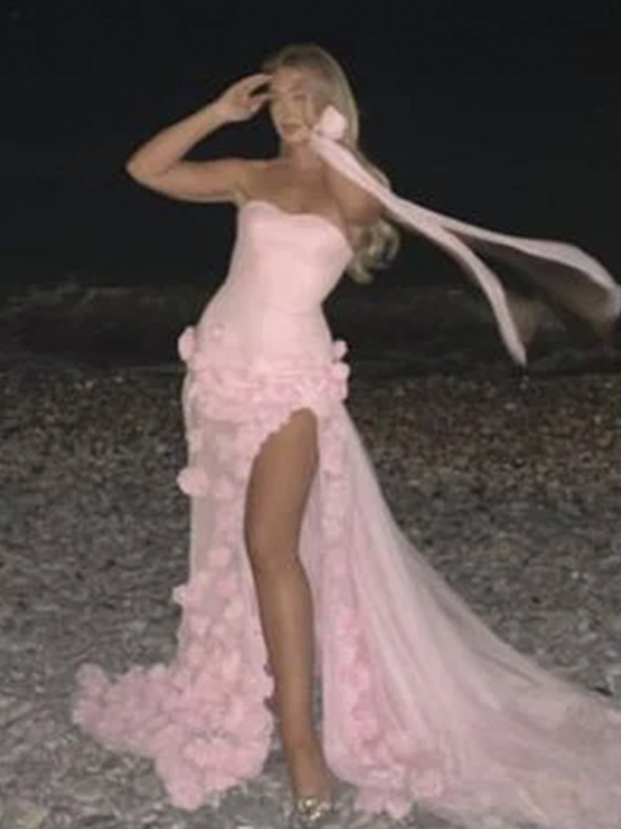 A line Sexy Sweetheart Sleeveless Pink Slit Flowers Prom Dress